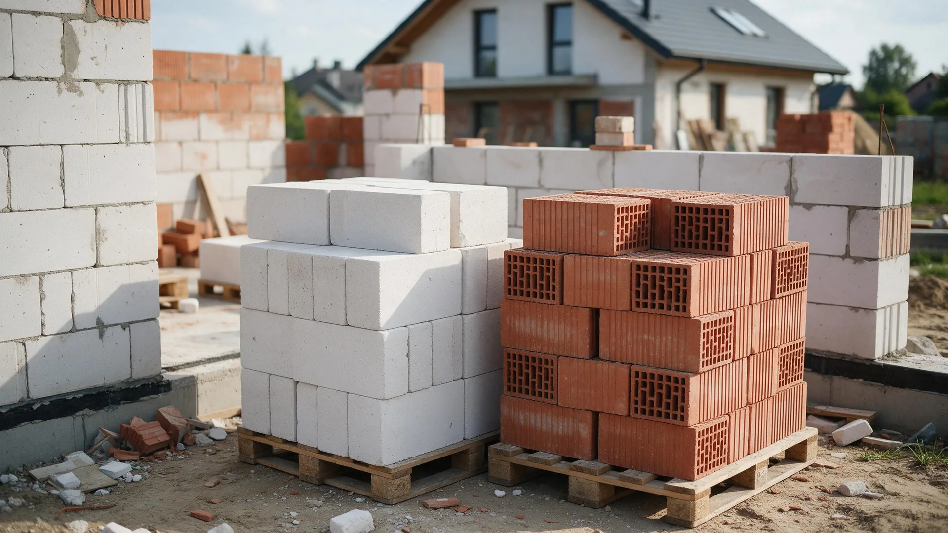 Palety bloczków z betonu komórkowego i pustaków ceramicznych na budowie domu jednorodzinnego