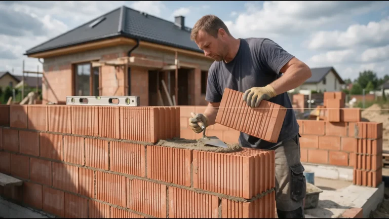 Murarz wznosi ściany domu jednorodzinnego z pustaków ceramicznych